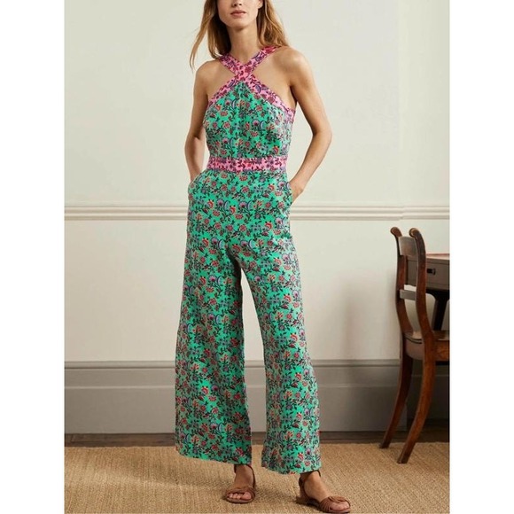 Boden Pants - Boden Cross Over Linen Jumpsuit Womens 4 Green Pink Floral‎ Sleeveless Boho NEW